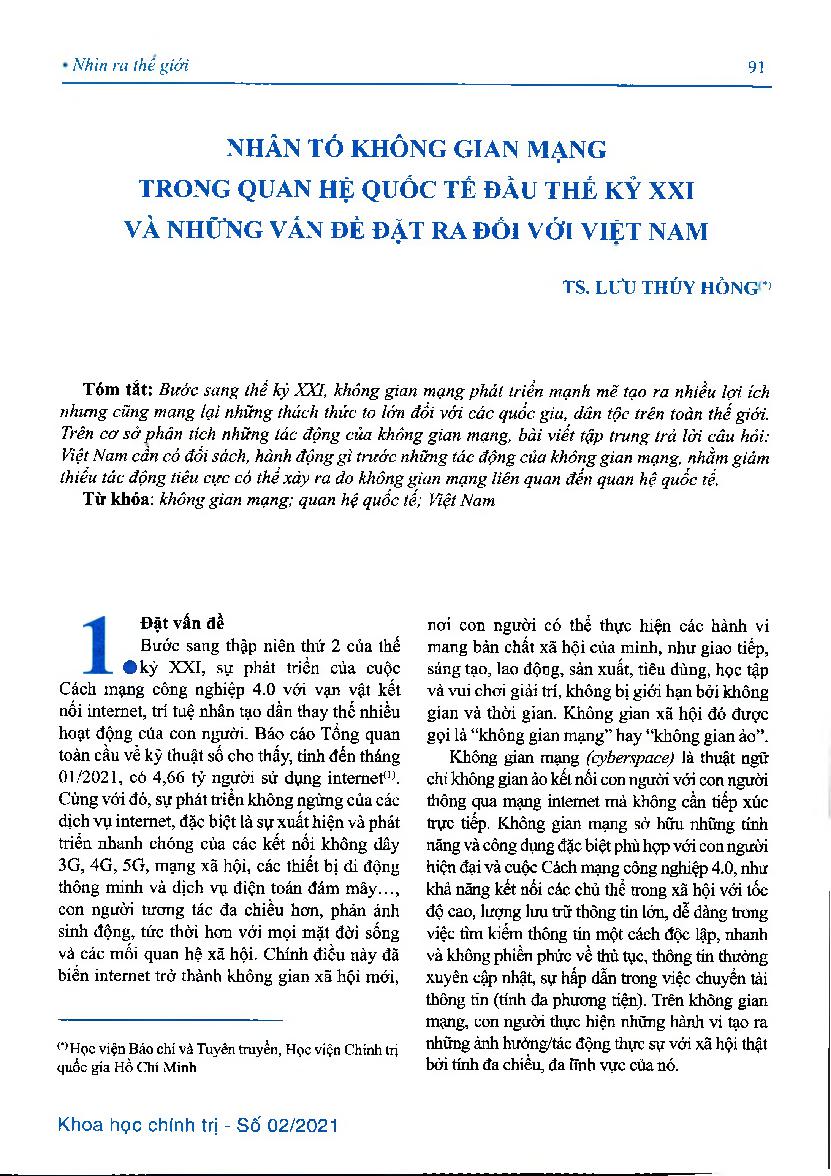 Nhân tố không gian mạng trong quan hệ quốc tế đầu thế kỷ xxi và những vấn đề đặt ra đối với Việt Nam