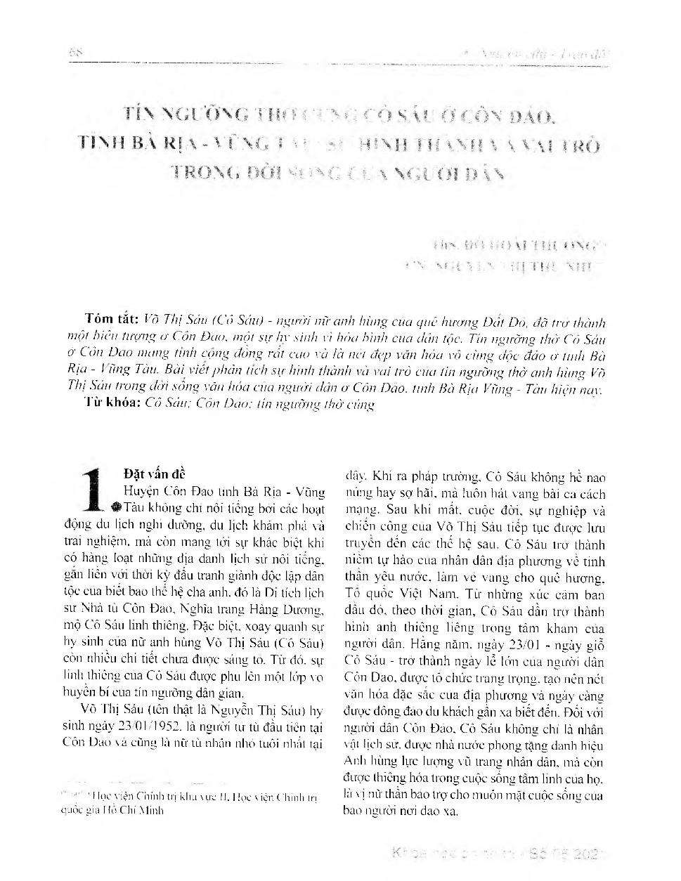 Tín ngưỡng thờ cúng Cô Sáu ở Côn Đảo, tỉnh Bà Rịa - Vũng Tàu: Sự hình thành và vai trò trong đời sống của người dân