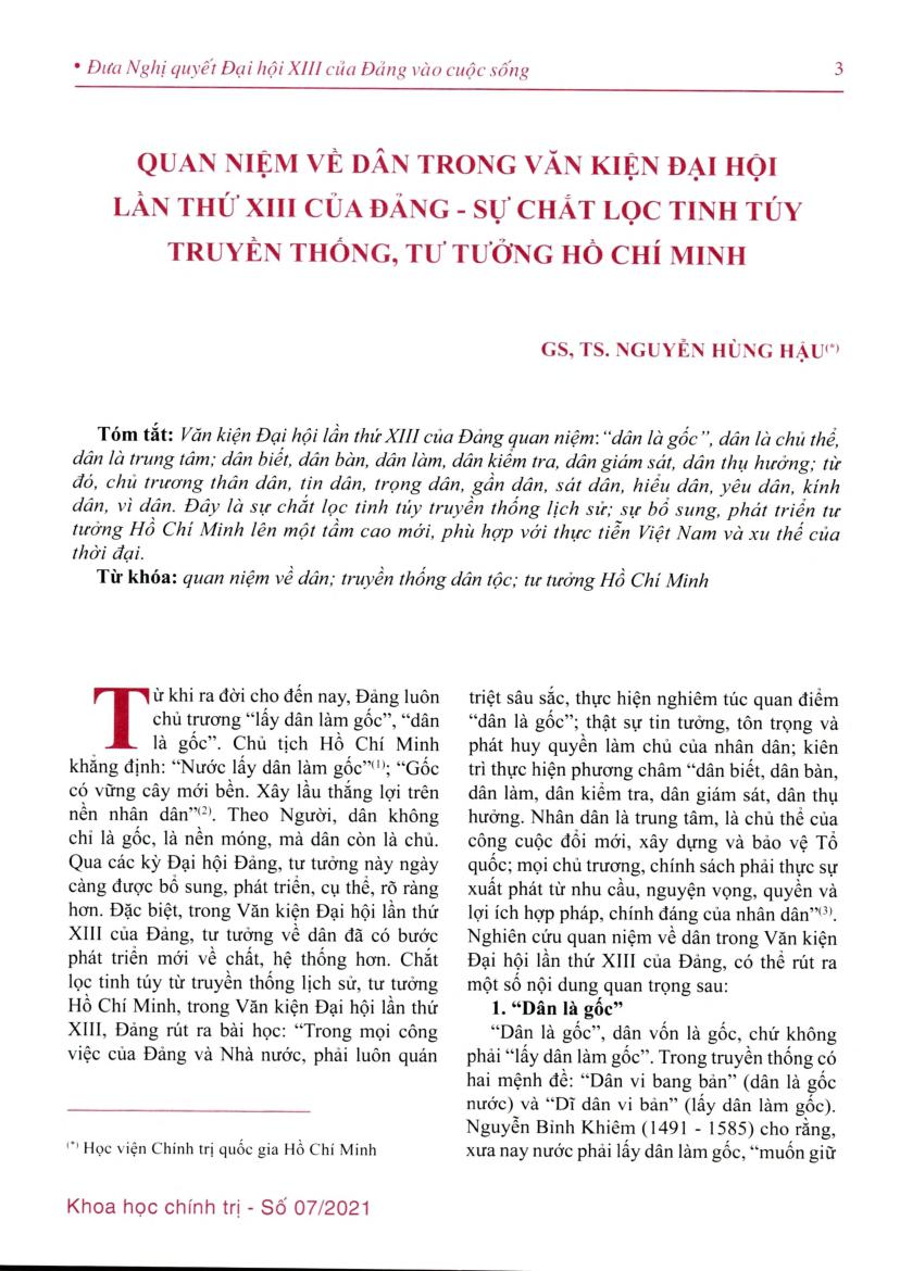 Quan niệm về dân trong văn kiện đại hội lần thứ XIII của Đảng - Sự chắt lọc tinh túy truyền thống, tư tưởng Hồ Chí Minh