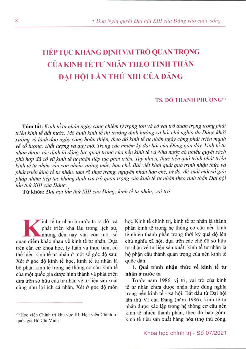 Tiếp tục khẳng định vai trò quan trọng của kinh tế tư nhân theo tinh thần đại hội lần thứ XIII của Đảng