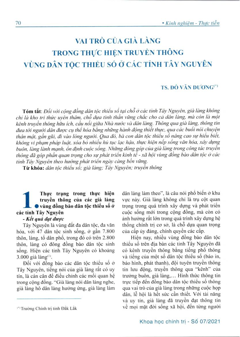 Vai trò của già làng trong thực hiện truyền thông vùng dân tộc thiểu số ở các tỉnh Tây Nguyên