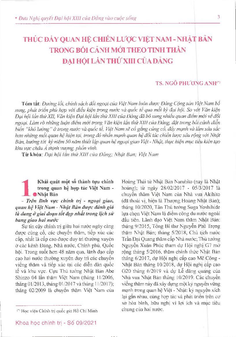 Thúc đẩy quan hệ chiến lược Việt Nam - Nhật Bản trong bối cảnh mới theo tinh thần Đại hội lần thứ XIII của Đảng