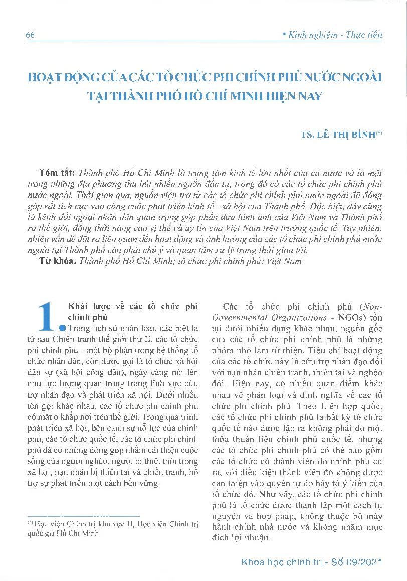Hoạt động của các tổ chức phi chính phủ nước ngoài tại thành phố Hồ Chí Minh hiện nay