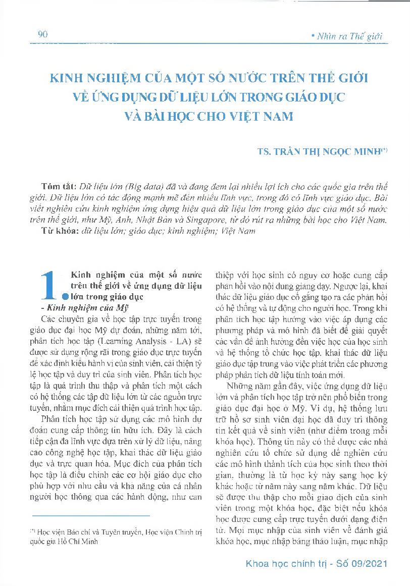 Kinh nghiệm của một số nước trên thế giới về ứng dụng dữ liệu lớn trong giáo dục và bài học cho Việt Nam