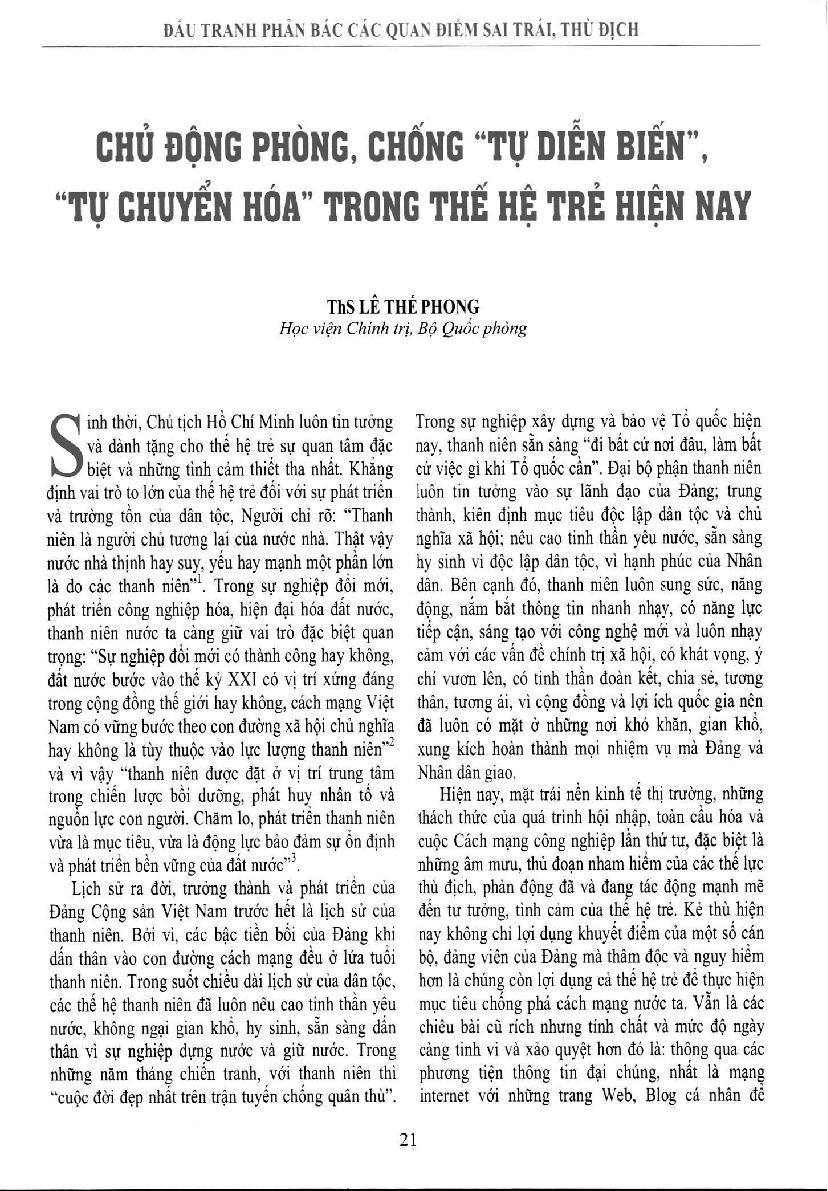 Chủ động phòng, chống “tự diễn biến ’, “tự chuyển hóa” trong thế hệ trẻ hiện nay