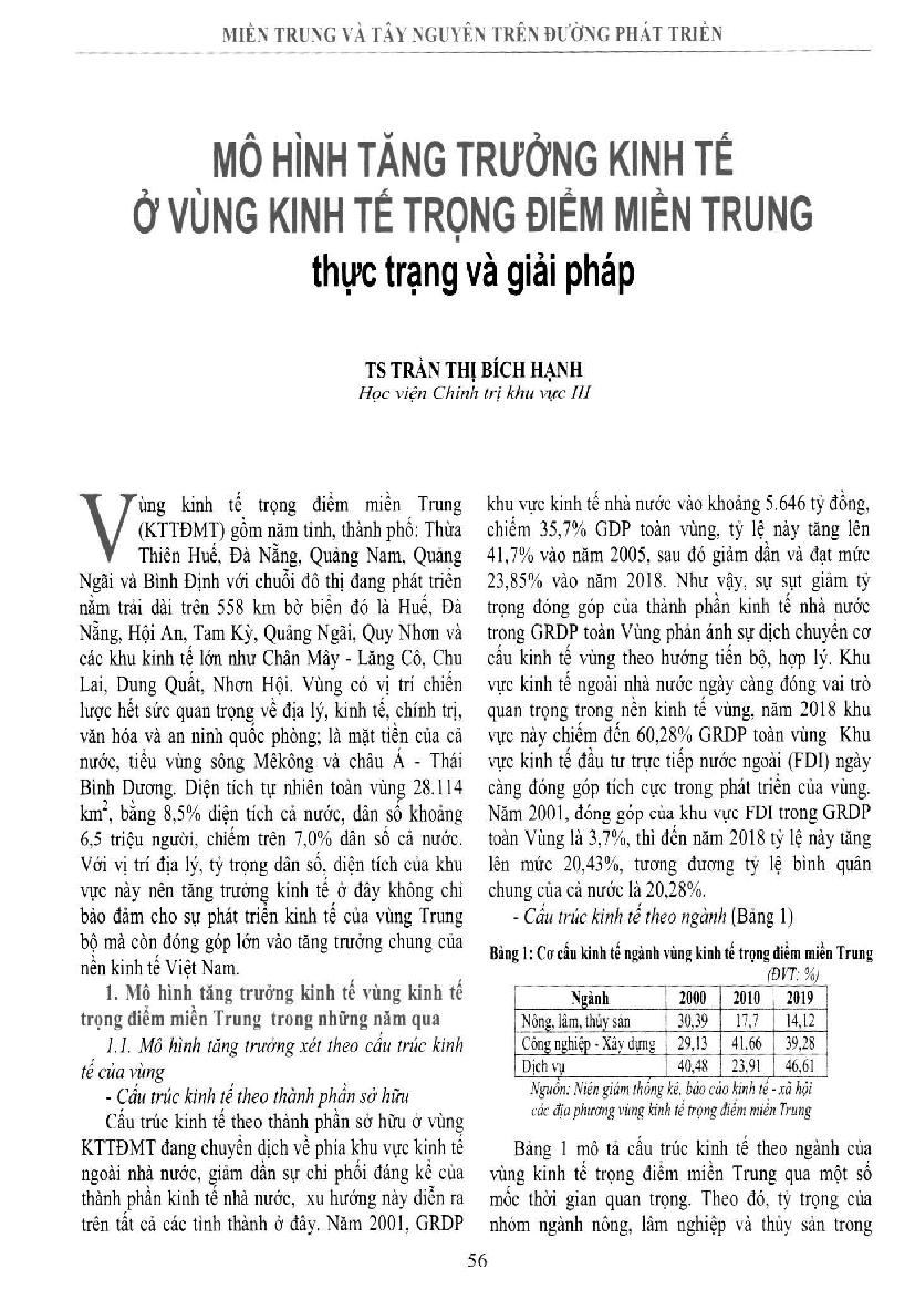 Mô hình tăng trưởng kinh tế ở vùng kinh tế trọng điểm miền Trung thực trạng và giải pháp