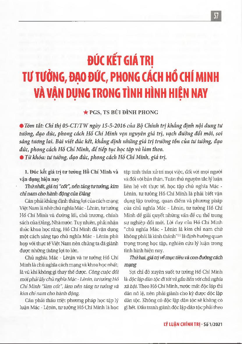 Đúc kết giá trị tư tưởng, đạo đức, phong cách Hồ Chí Minh và vận dụng trong tình hình hiện nay