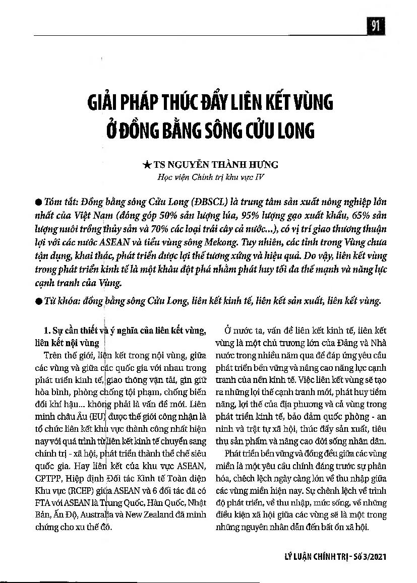 Giải pháp thúc đẩy liên kết vùng ở đồng bằng sông Cửu Long