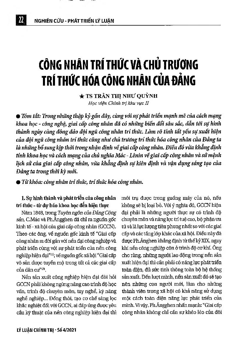 Công nhân tri thức và chủ trương trí thức hóa công nhân của Đảng