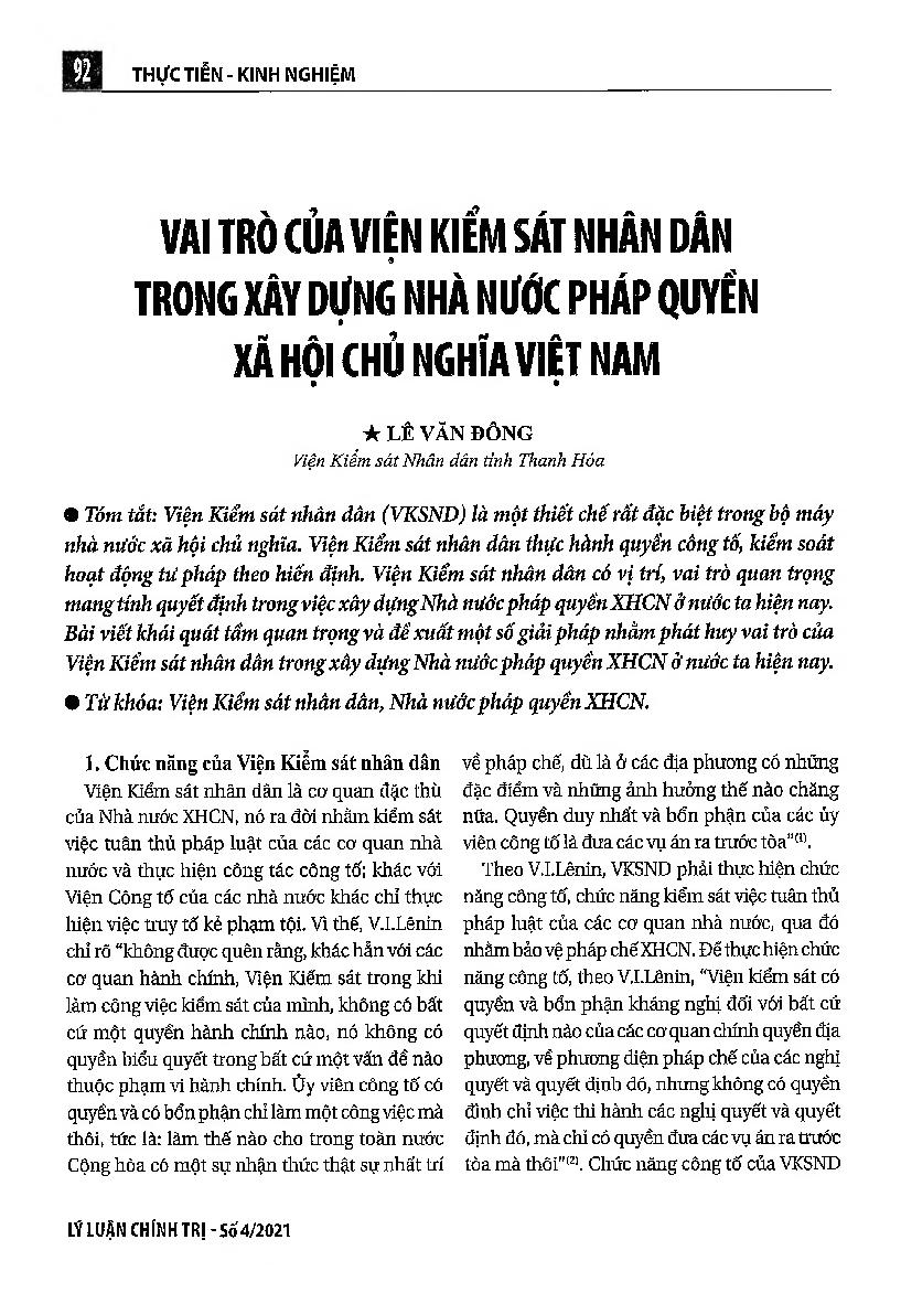 Vai trò của Viện Kiểm sát nhân dân trong xây dựng Nhà nước pháp quyền xã hội chủ nghĩa Việt Nam