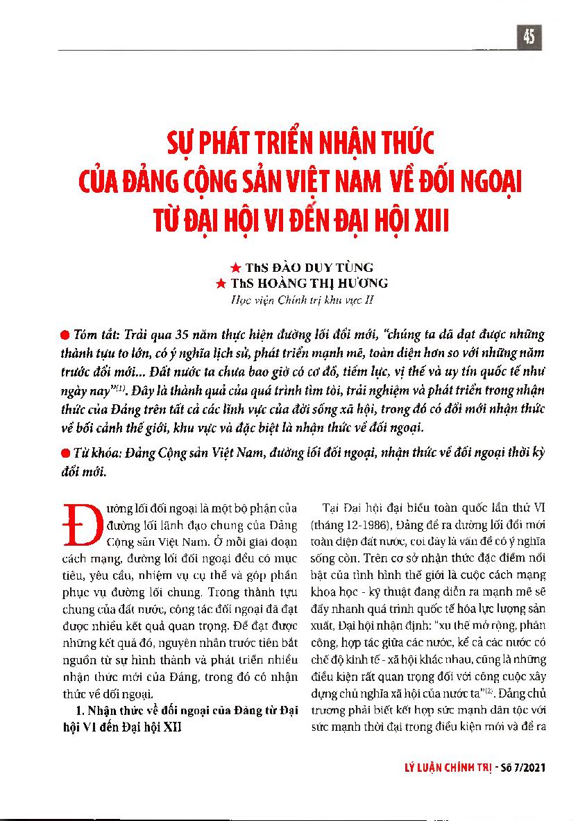 Sự phát triển nhận thức của Đảng Cộng sản Việt Nam về đối ngoại từ đại hội VI đến đại hội XIII