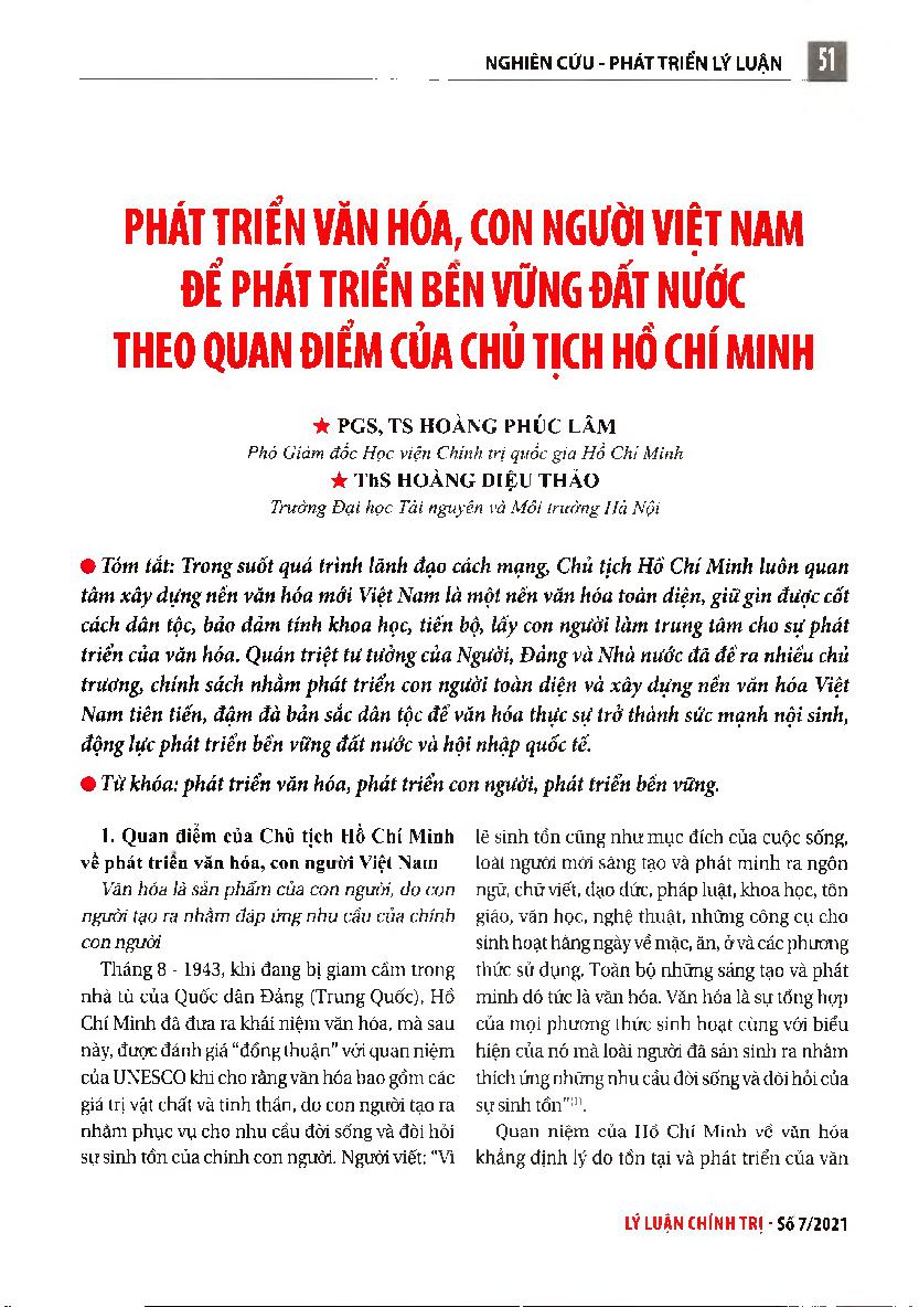 Phát triển văn hóa, con người Việt Nam để phát triển bên vững đất nước theo quan điểm của chủ tịch Hồ Chí Minh