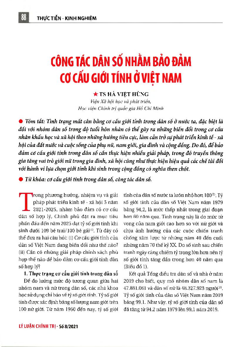 Công tác dân số nhằm bảo đảm cơ cấu giới tính ở Việt Nam