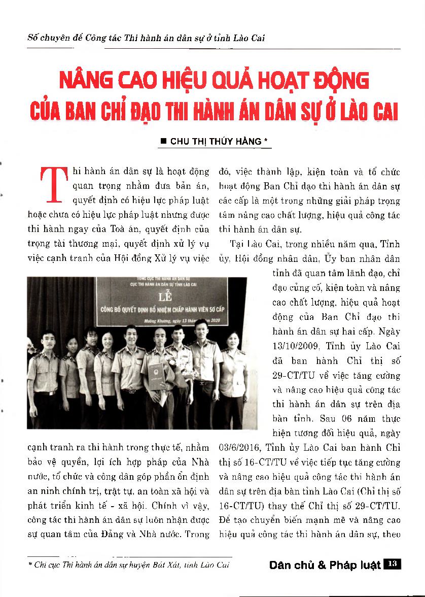 Nâng cao hiệu quả hoạt động của Ban Chỉ đạo thi hành án dân sự ở Lào Cai