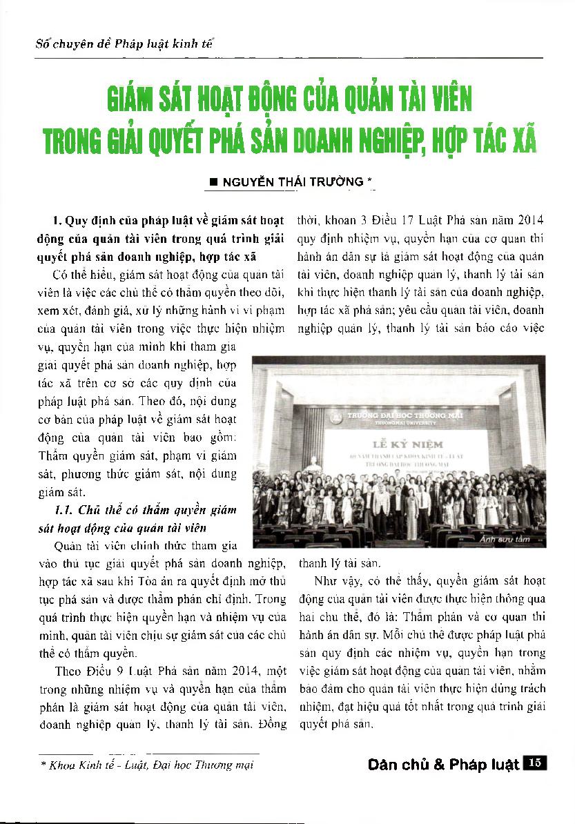 Giám sát hoạt động của quản tài viên trong giải quyết phá sản doanh nghiệp, hợp tác xã