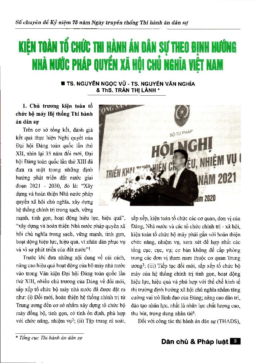 Kiện toàn tổ chức thi hành án dân sự theo định hướng Nhà nước pháp quyền xã hội chủ nghĩa Việt Nam