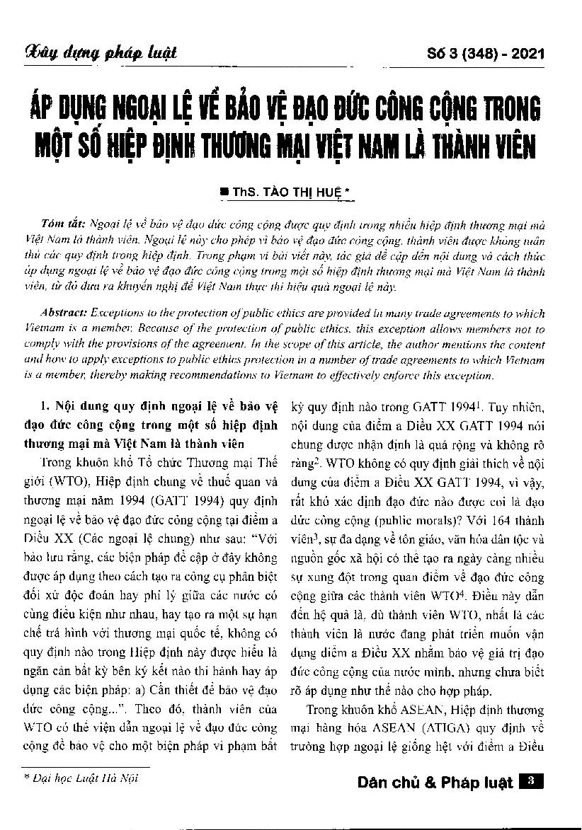 Áp dụng ngoại lệ về bảo vệ đạo đức công cộng trong một số hiệp định thương mại Việt Nam là thành viên