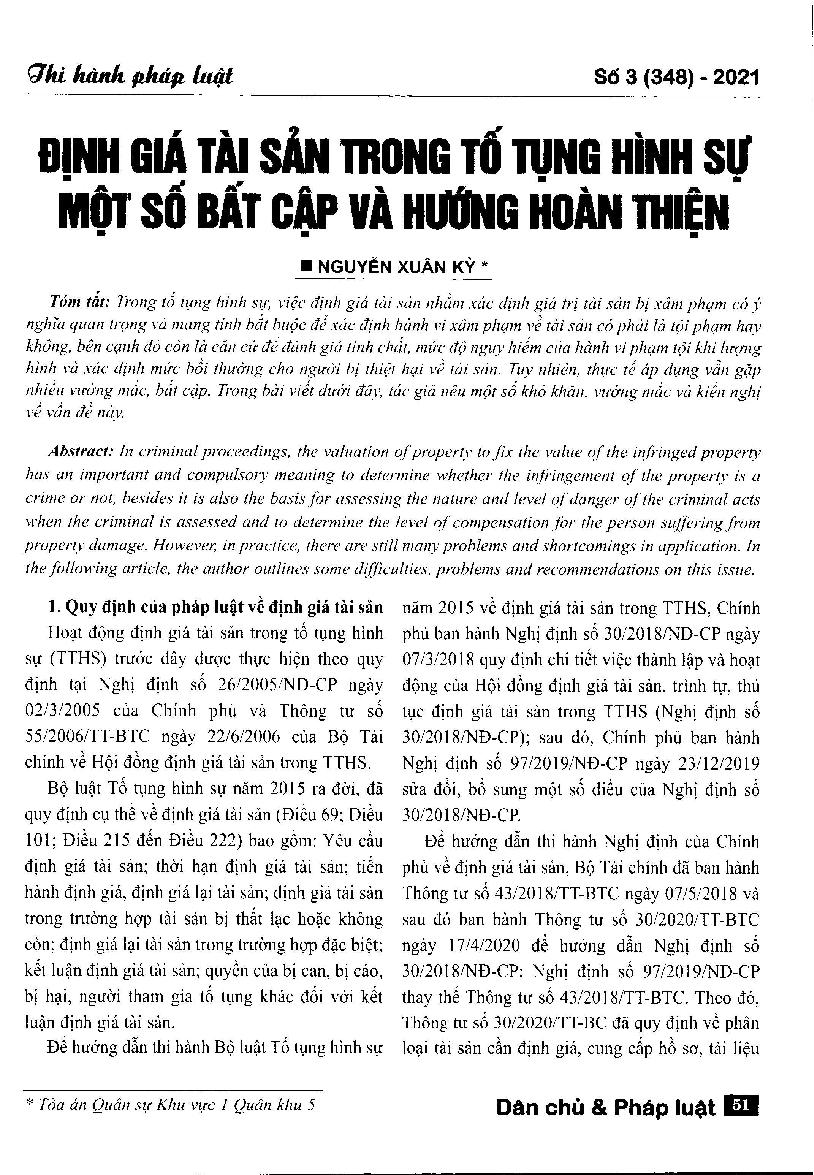 Định giá tài sản trong tố tụng hình sự một số bất cập và hướng hoàn thiện
