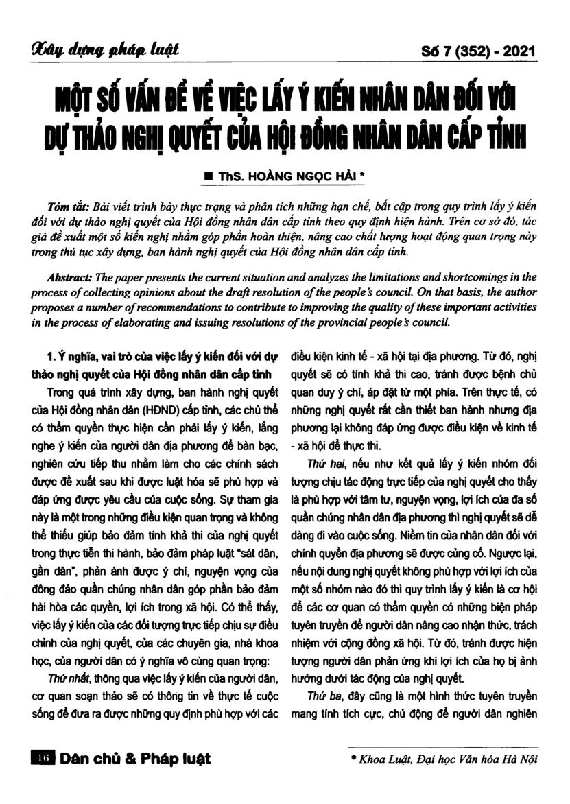 Một số vấn đề về lấy ý kiến nhân dân đối với dự thảo nghị quyết của hội đồng nhân dân cấp tỉnh