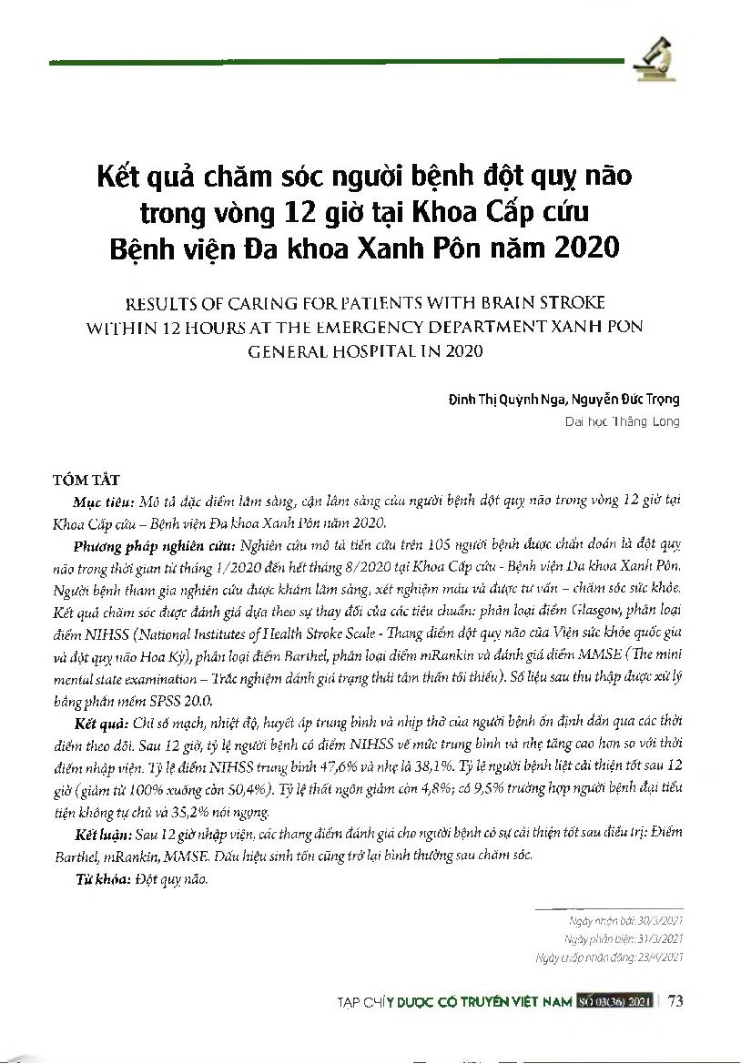 Kết quả chăm sóc người bệnh đột quy não trong vòng 12 giờ tại Khoa cấp cứu Bệnh viện Đa khoa Xanh Pôn năm 2020