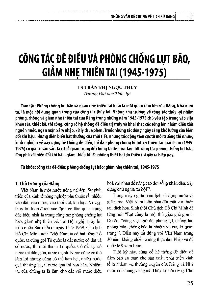 Công tác đê điều và phòng chống lụt bão giảm nhẹ thiên tai (1945-1975)