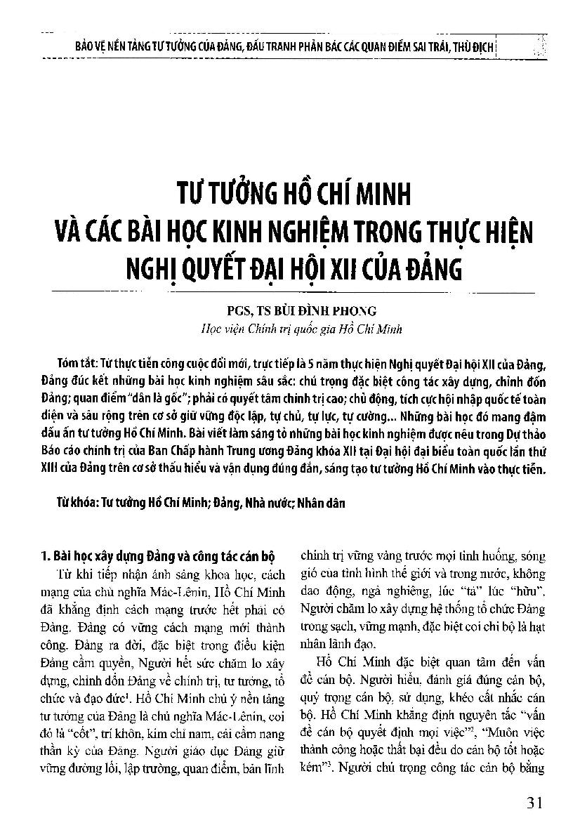 Tư tưởng Hồ Chí Minh và các bài học kinh nghiệm trong thực hiện nghị quyết Đại hội XII của Đảng