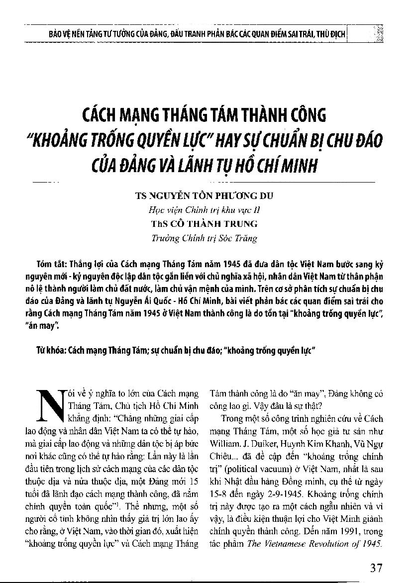 Cách mạng tháng tám thành công "khoảng trống quyền lực hay sự chuẩn bị chu đáo của Đảng và Lãnh tụ Hồ Chí Minh