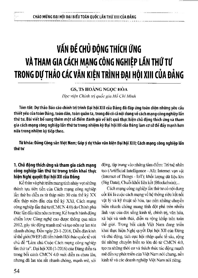 Vấn đề chủ động thích ứng và tham gia cách mạng công nghiệp lần thứ tư trong dự thảo các văn kiện trình Đại hội XIII của Đảng