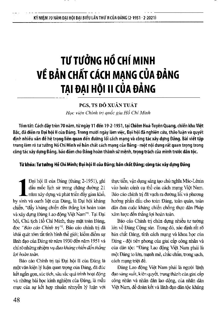 Tư tưởng Hồ Chí Minh về bản chất cách mạng của Đảng tại Đại hội II của Đảng