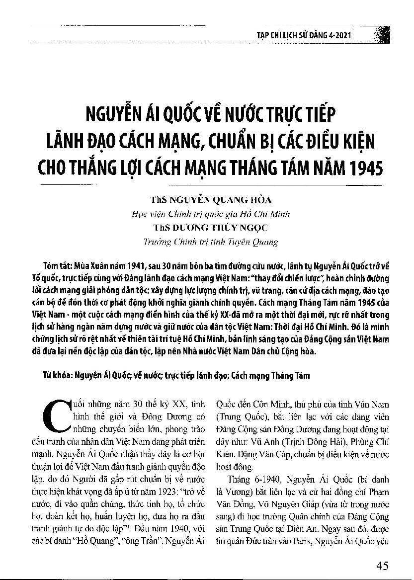 Nguyễn ái quốc về nước trực tiếp lãnh đạo cách mạng, chuẩn bị các điều kiện cho thắng lợi cách mạng tháng Tám năm 1945