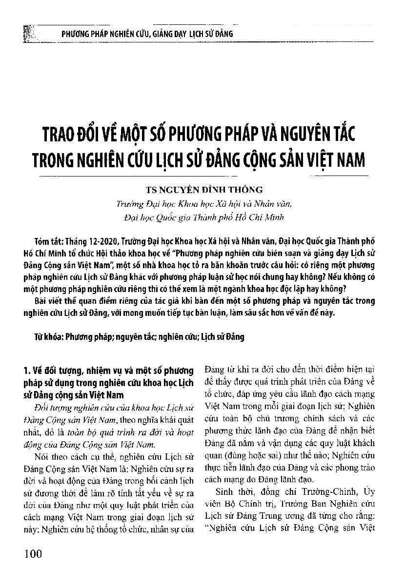 Trao đổi về một số phương pháp và nguyên tắc trong nghiên cứu lịch sử Đảng Cộng sản Việt Nam