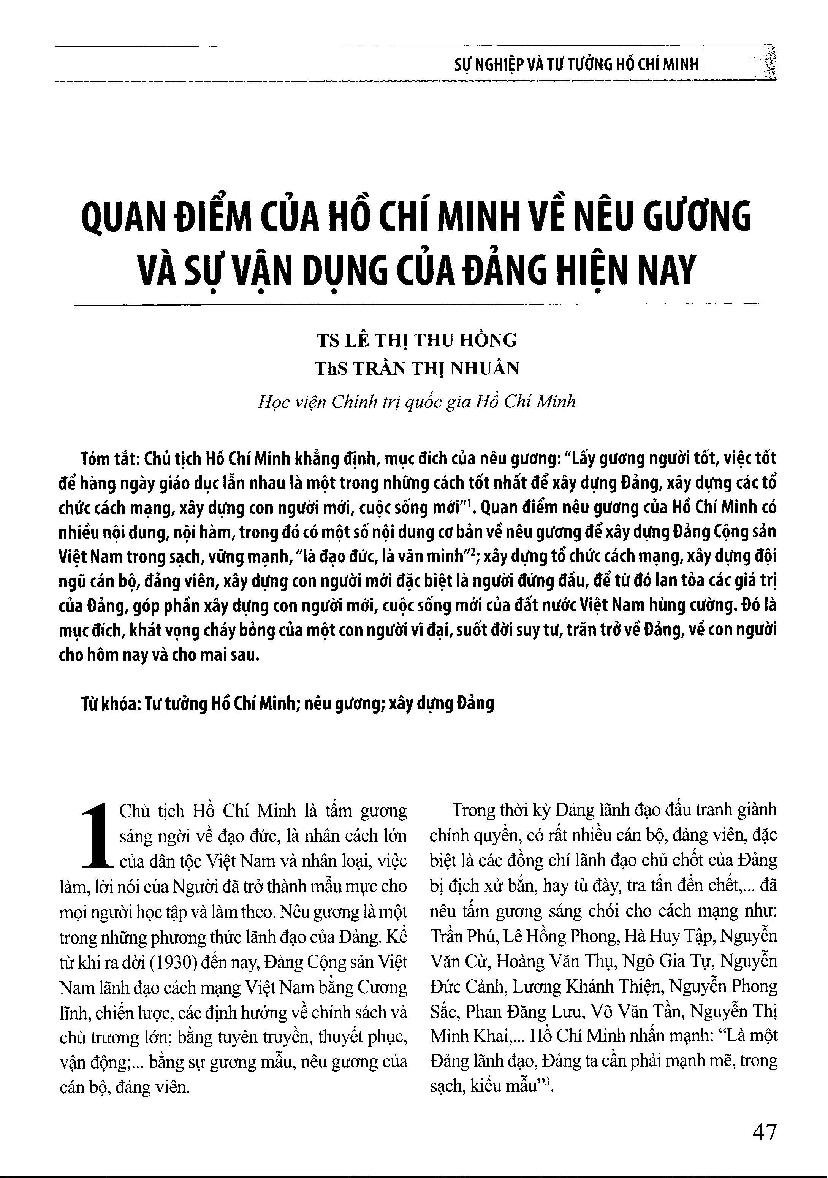 Quan điểm của hồ chí minh về nêu gương và sự vận dụng của Đảng hiện nay