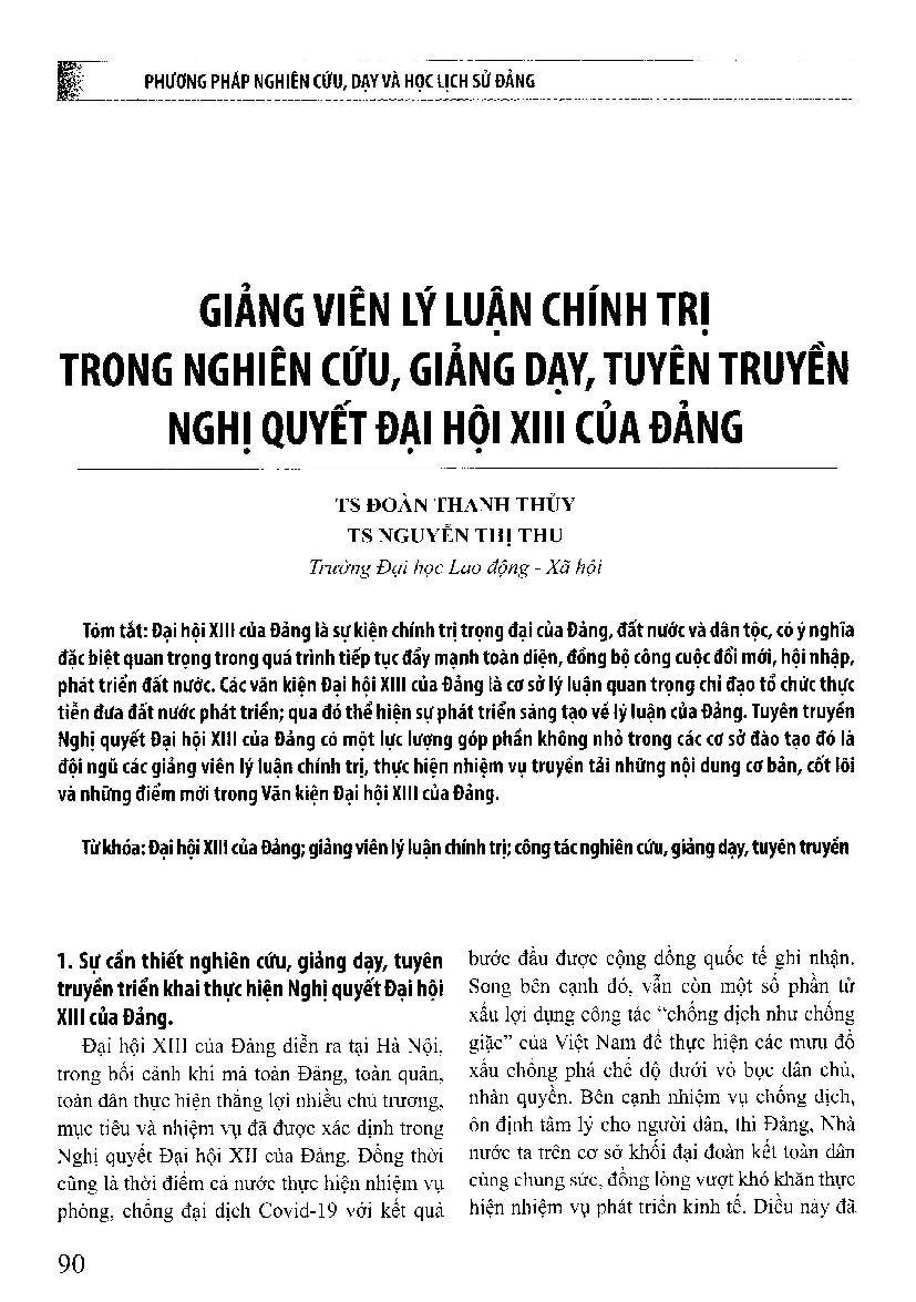 Giảng viên lý luận chính trị trong nghiên cứu, giảng dạy, tuyên truyền nghị quyết đại hội XIII của Đảng