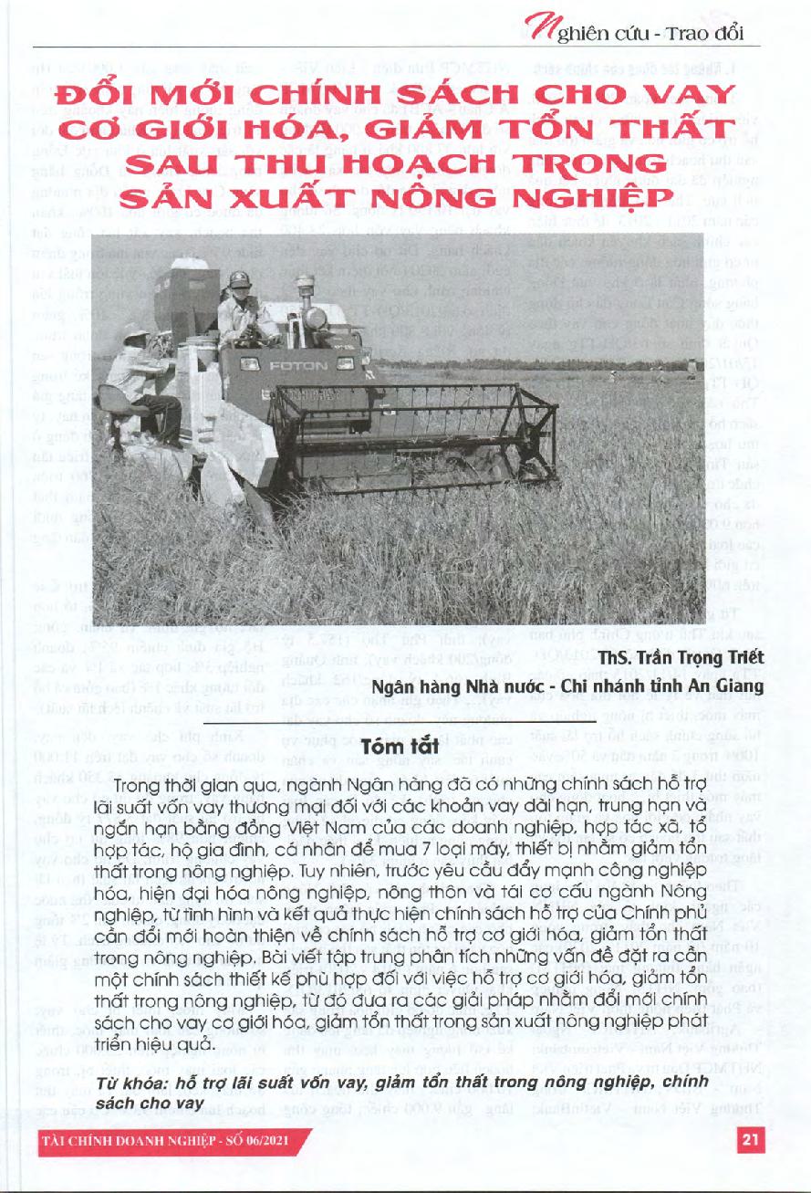 Đổi mới chính sách cho vay cơ giới hóa, giảm tổn thất sau thu hoạch trong sản xuất nông nghiệp