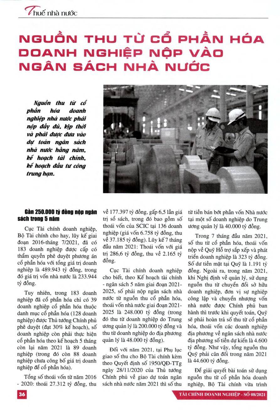 Nguồn thu từ cổ phần hóa doanh nghiệp nộp vào ngân sách nhà nước