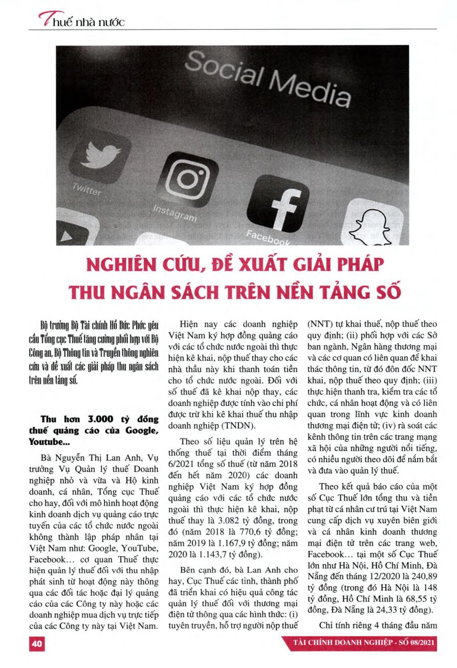 Nghiên cứu, đề xuất giải pháp thu ngân sách trên nền tảng số