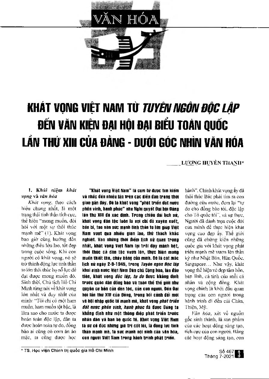 Khát vọng Việt Nam từ tuyên ngôn độc lập đến văn kiện Đại hội Đại biểu toàn quốc lần thứ XIII của Đảng - Dưới góc nhìn văn hóa
