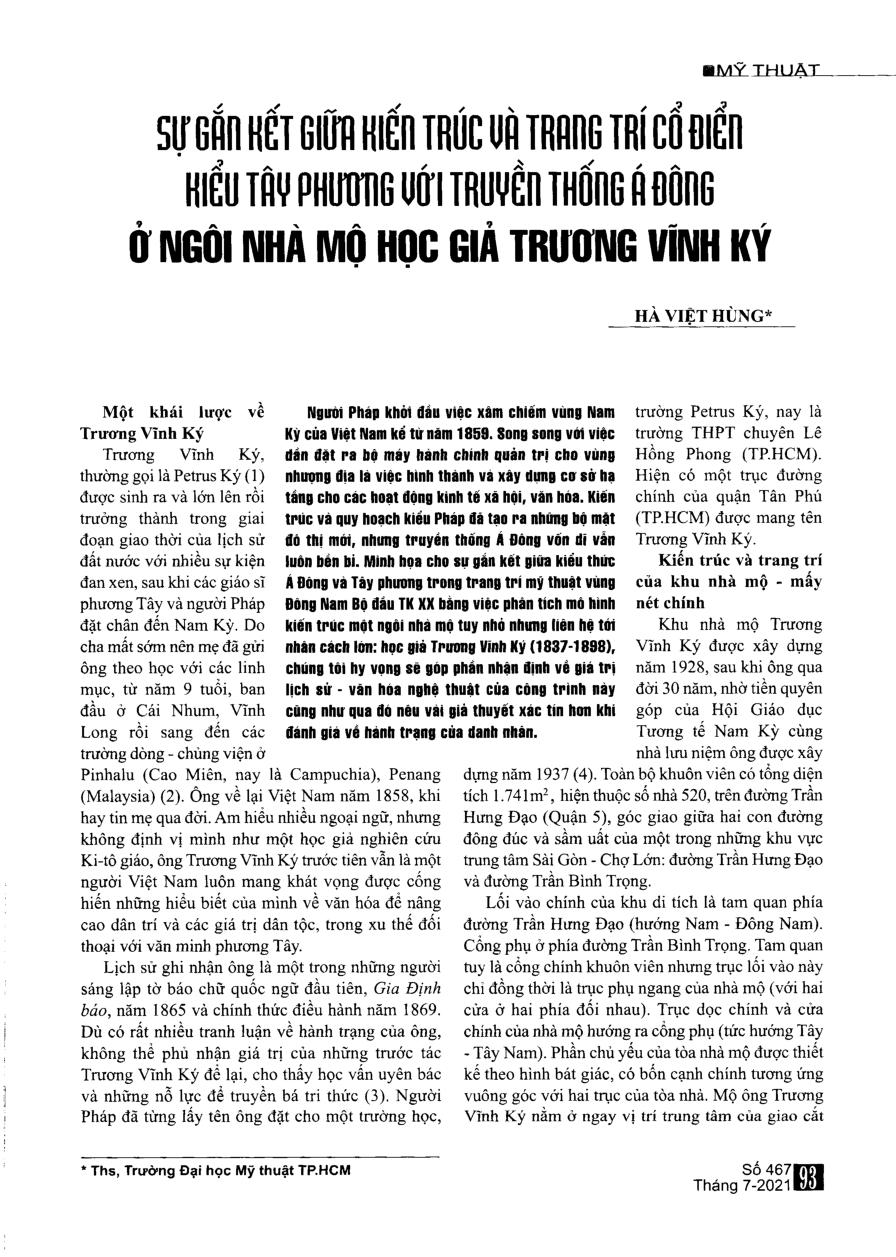 Sự gắn kết giữa kiến trúc trang trí cổ điển kiểu Tây phương với truyền thống Á Đông ở ngôi nhà mộ học giả Trương Vĩnh Ký
