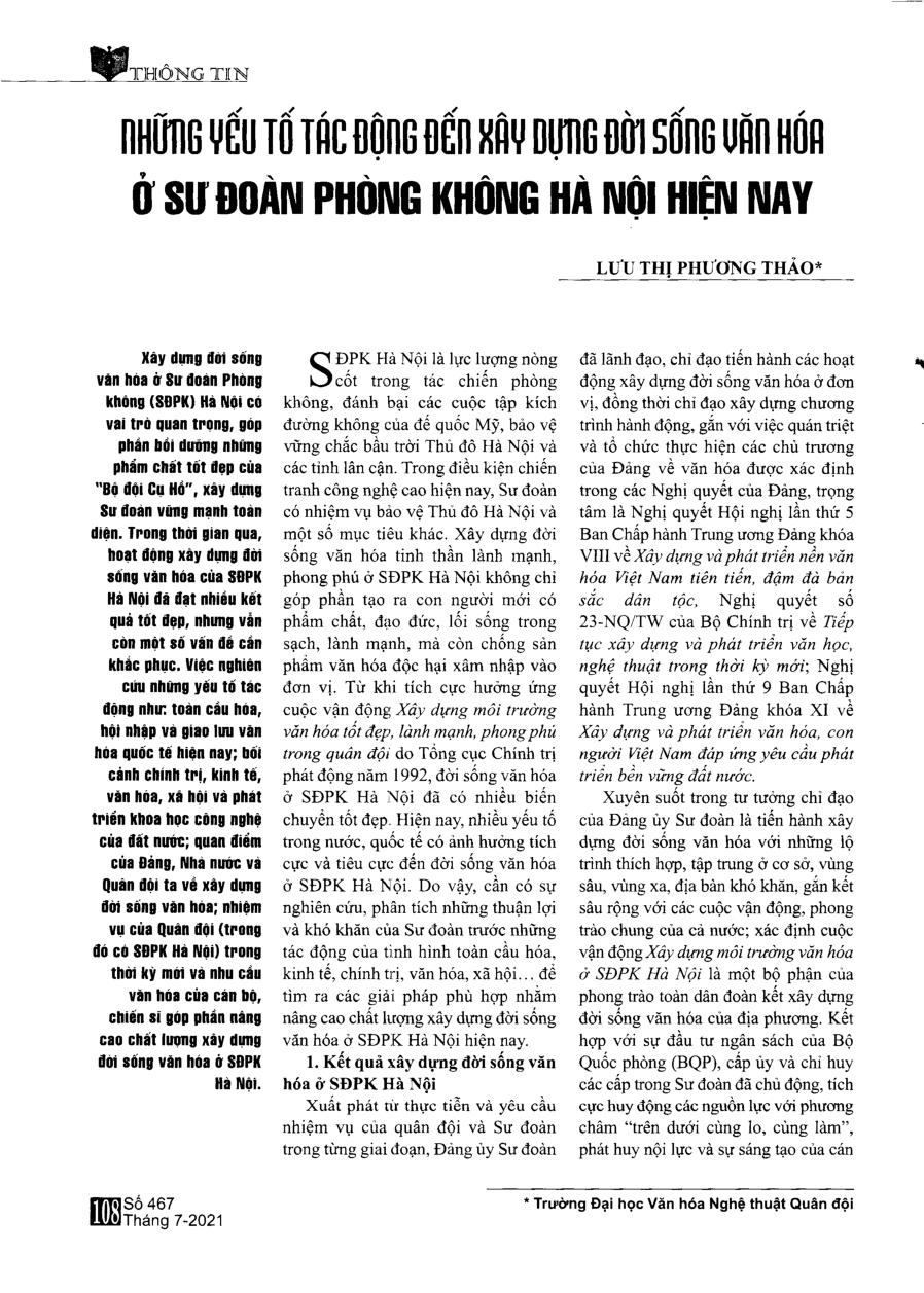 Những yếu tố tác động đến xây dựng đời sống văn hóa ở Sư đoàn Phòng không Hà Nội hiện nay