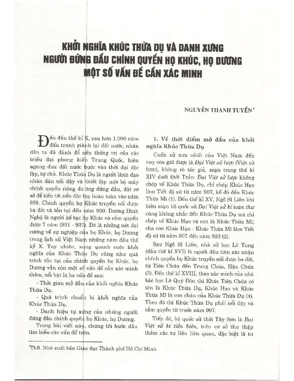 Khởi nghĩa Khúc Thừa Dụ và danh xưng người đứng đầu chính quyền họ Khúc, họ Dương một số vấn để cần xác minh