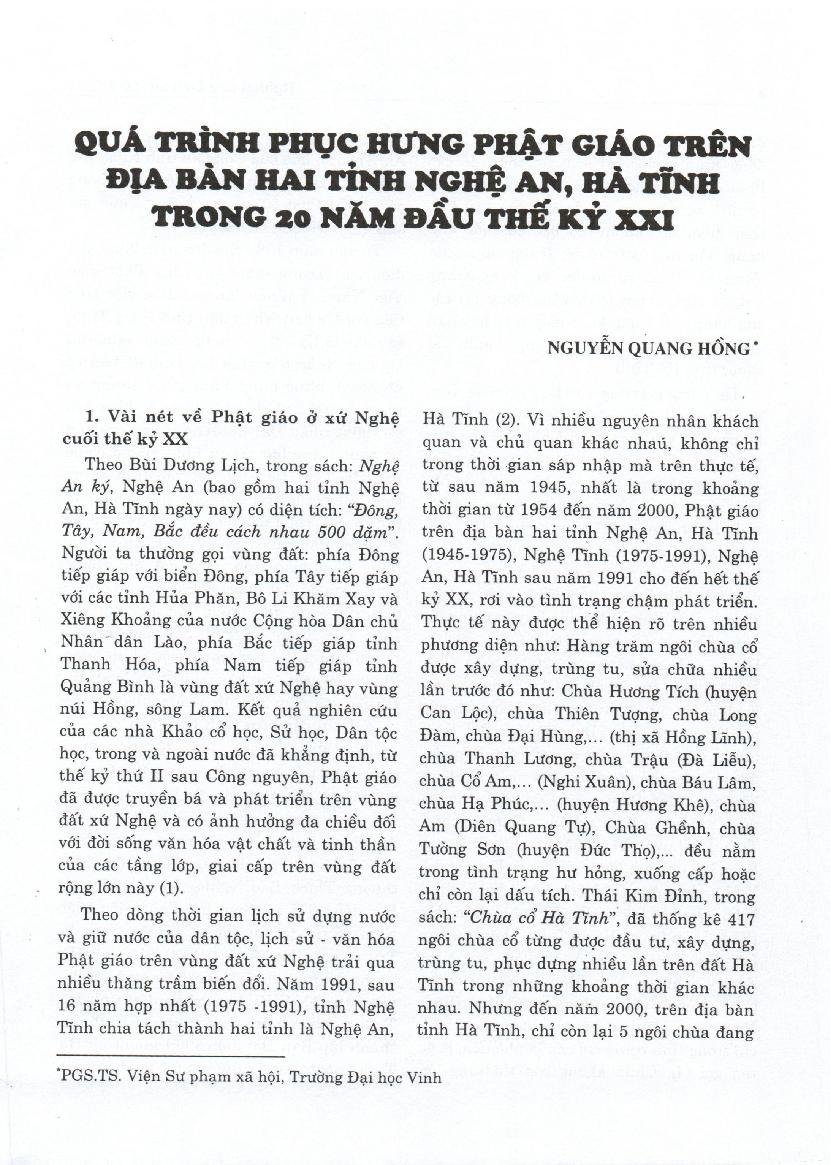 Quá trình phục hưng Phật giáo trên địa bàn hai tỉnh Nghệ An, Hà Tĩnh trong 20 năm đầu thế kỷ XXI