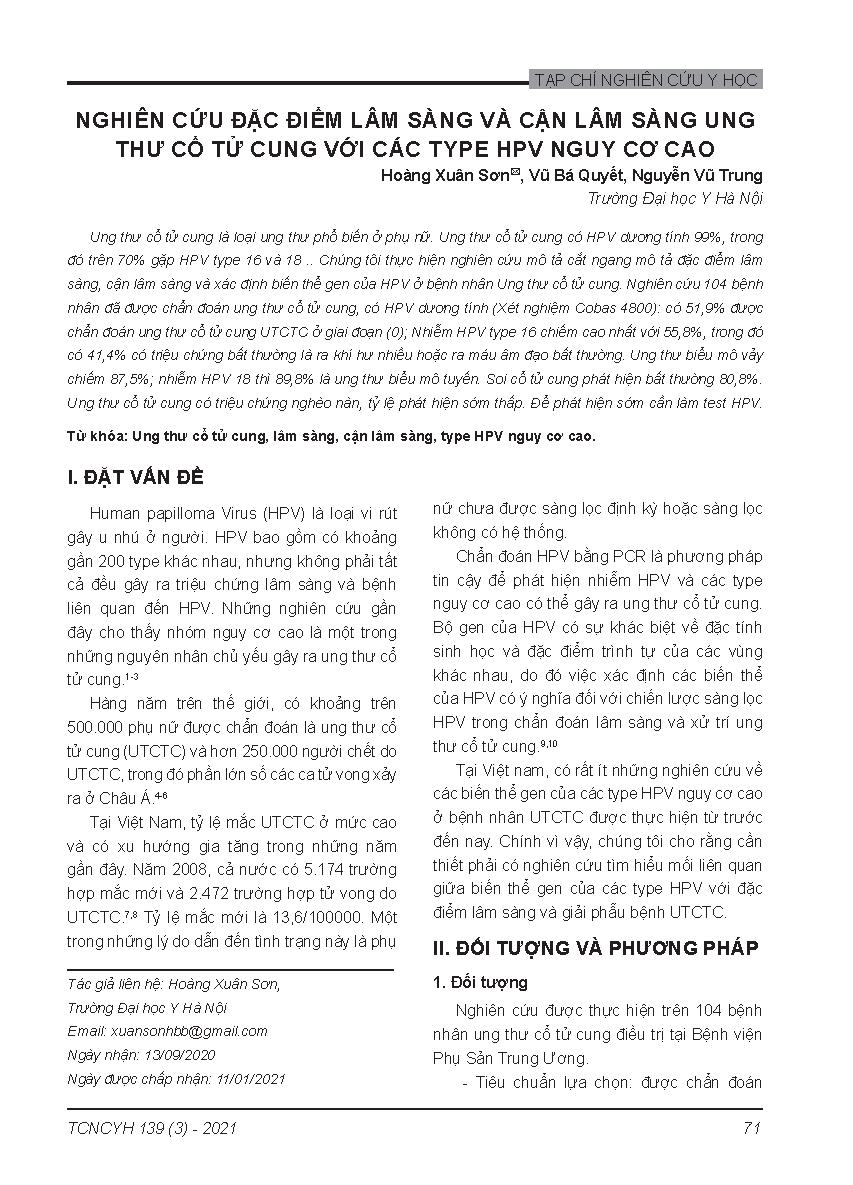 Nghiên cứu đặc điểm lâm sàng và cận lâm sàng ung thư cổ tử cung với các type HPV nguy cơ cao