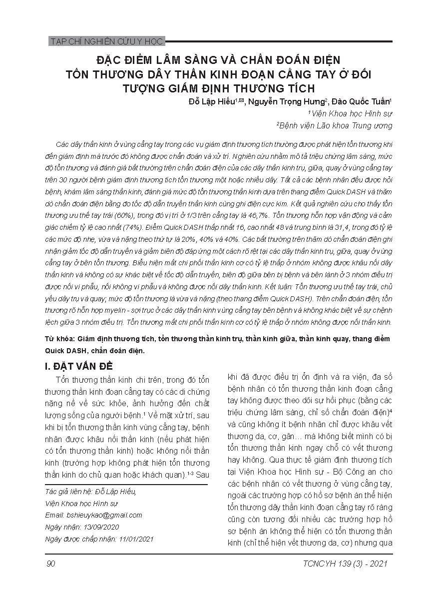 Đặc điểm lâm sàng và chẩn đoán điện tổn thương dây thần kinh đoạn cẳng tay ở đối tượng giám định thương tích