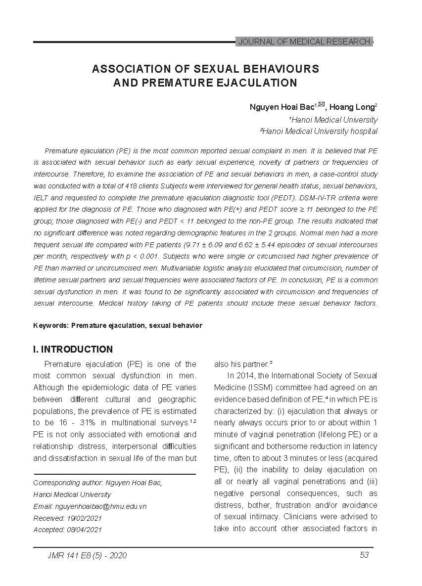 Sự kết hợp của các hành vi tình dục và xuất tinh sớm