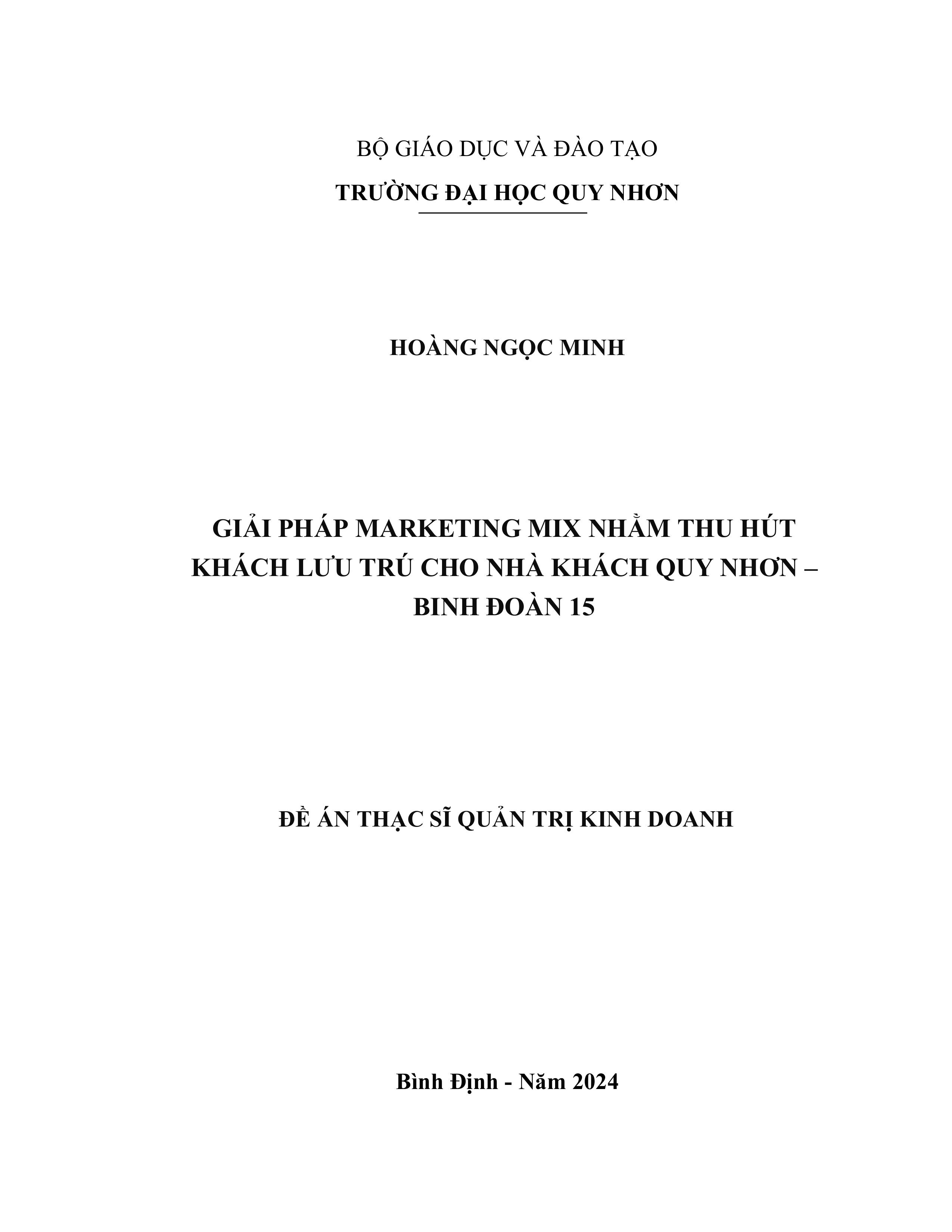Giải pháp marketing mix nhằm thu hút khách lưu trú cho Nhà khách Quy Nhơn - Binh Đoàn 15