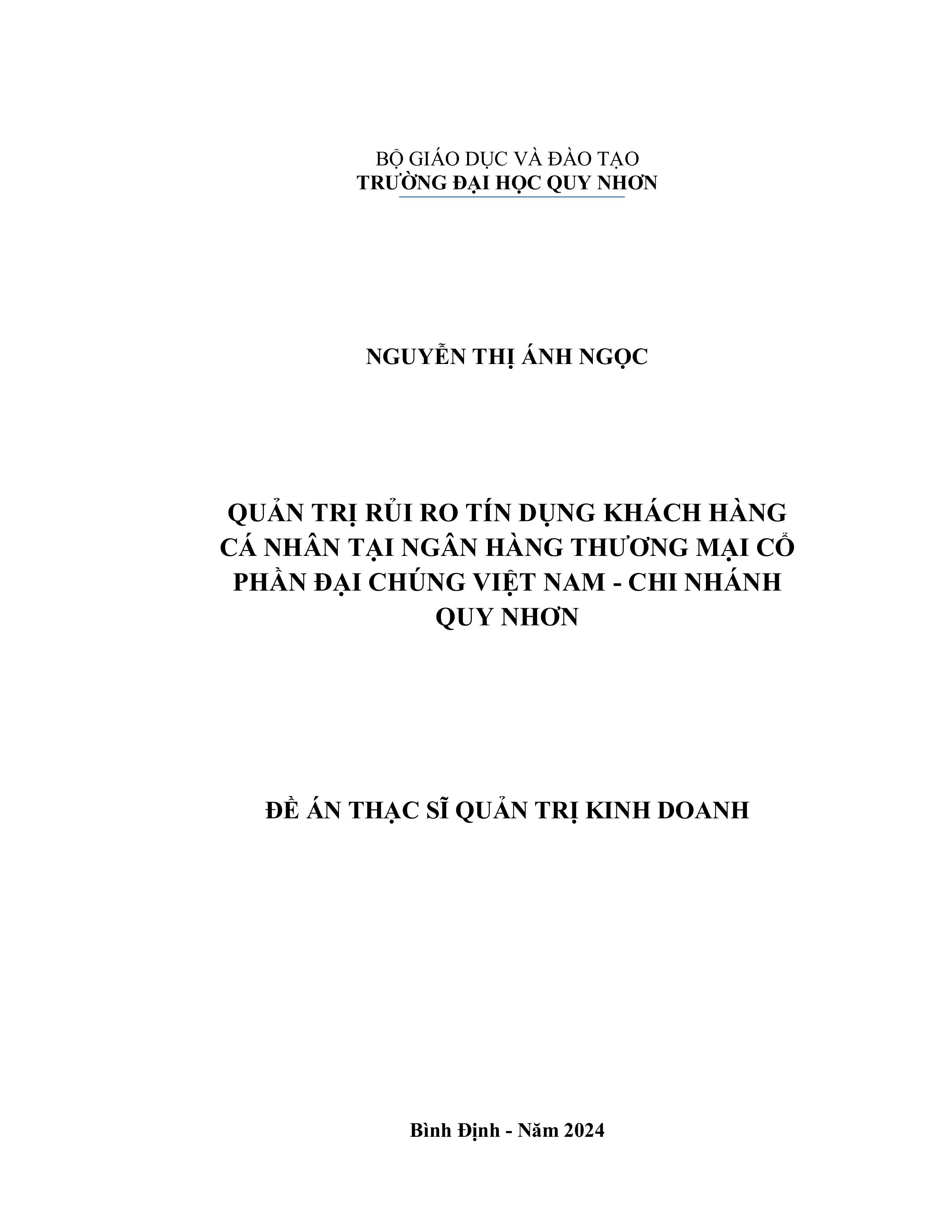 Quản trị rủi ro tín dụng khách hàng cá nhân tại Ngân hàng Thương mại Cổ phần Đại Chúng Việt Nam - Chi nhánh Quy Nhơn