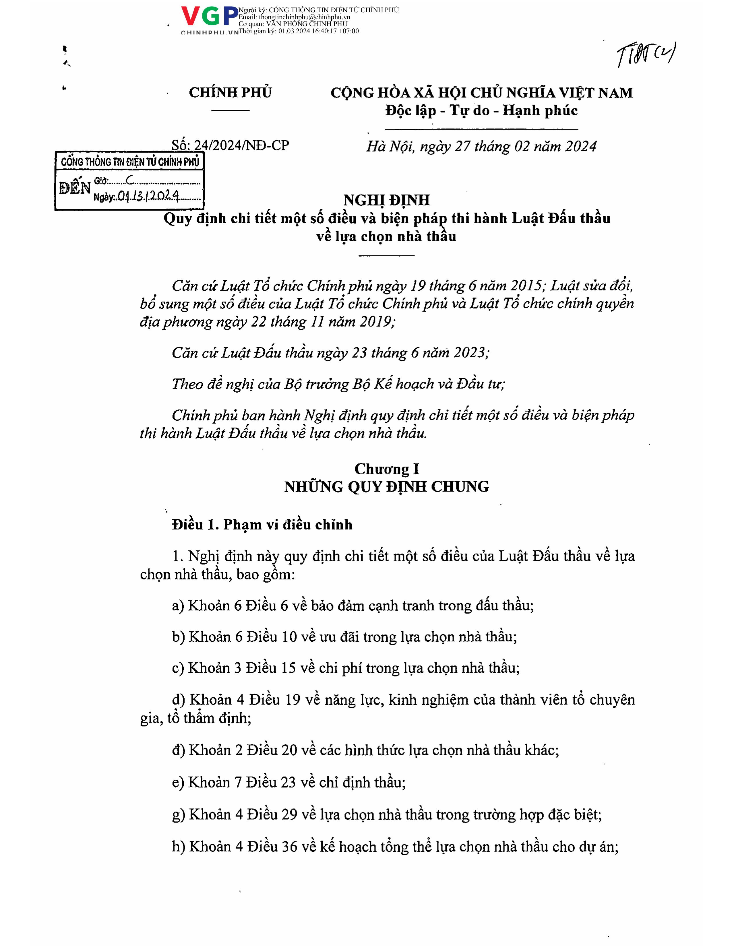 Nghị đinh 24/2024/NĐ-CP - Hướng dẫn thi hành Luật đấu thầu 2023 về lựa chọn nhà thầu