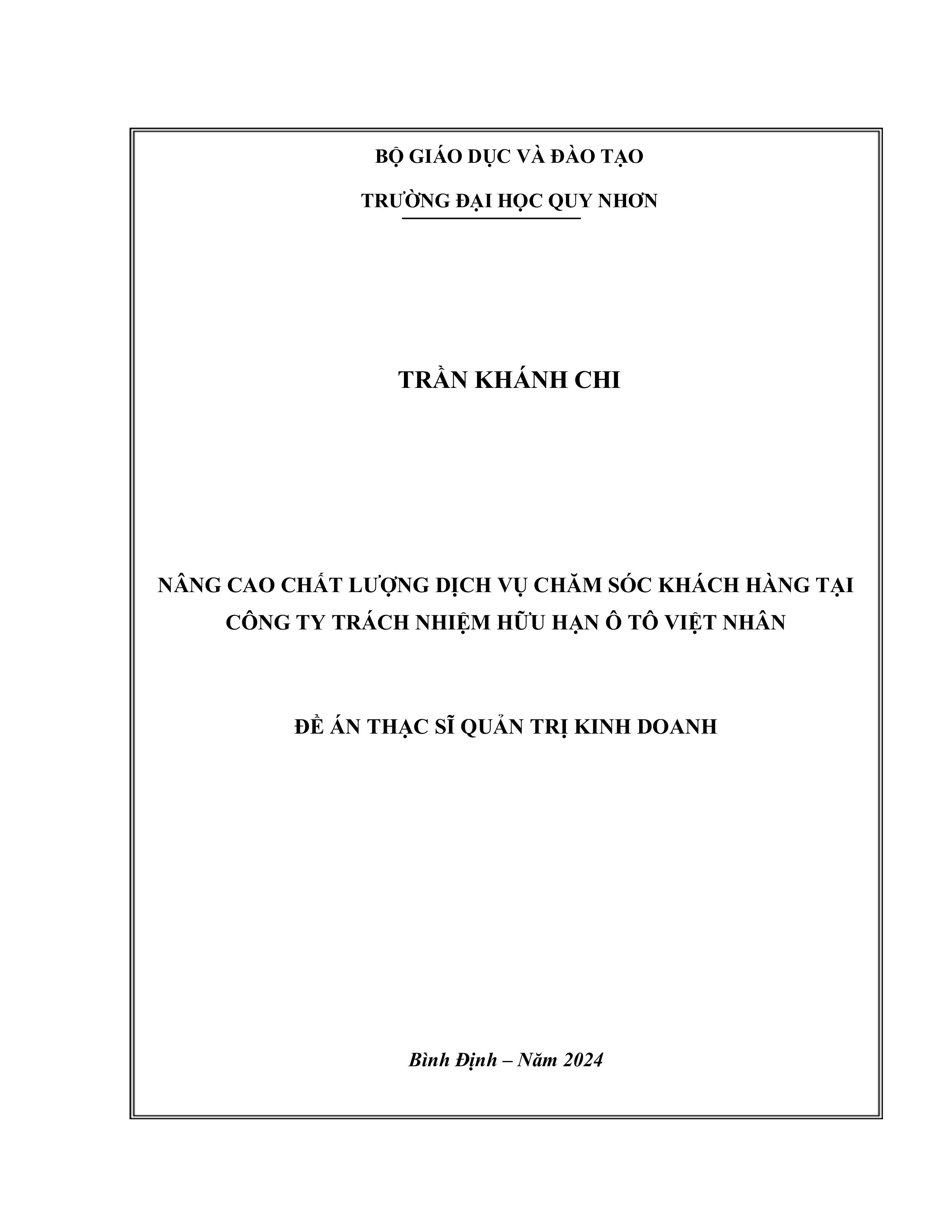 Nâng cao chất lượng dịch vụ chăm sóc khách hàng tại Công ty Trách nhiệm hữu hạn Ô tô Việt Nhân