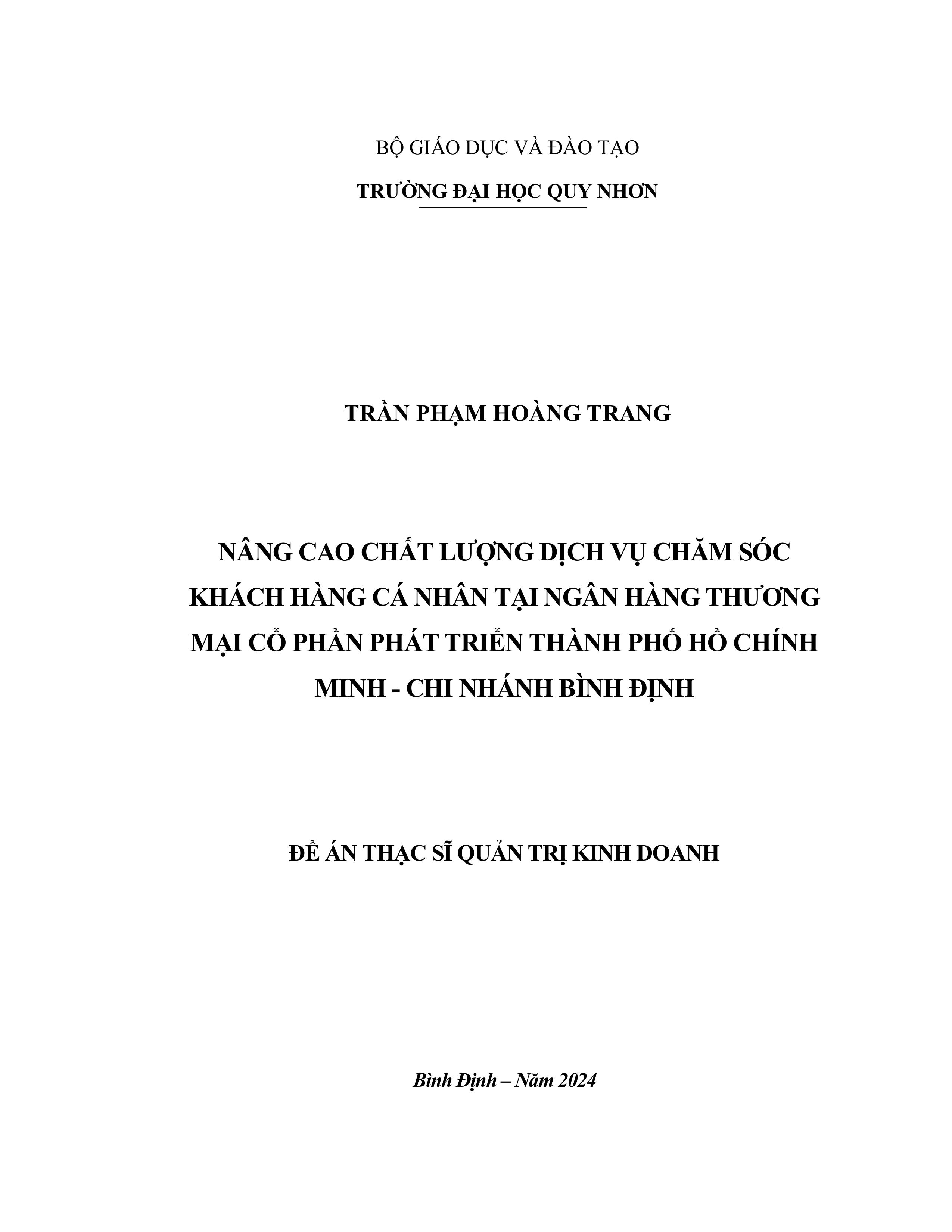 Nâng cao chất lượng dịch vụ chăm sóc khách hàng cá nhân tại Ngân hàng Thương mại Cổ phần Phát triển Thành phố Hồ Chí Minh - Chi nhánh Bình Định