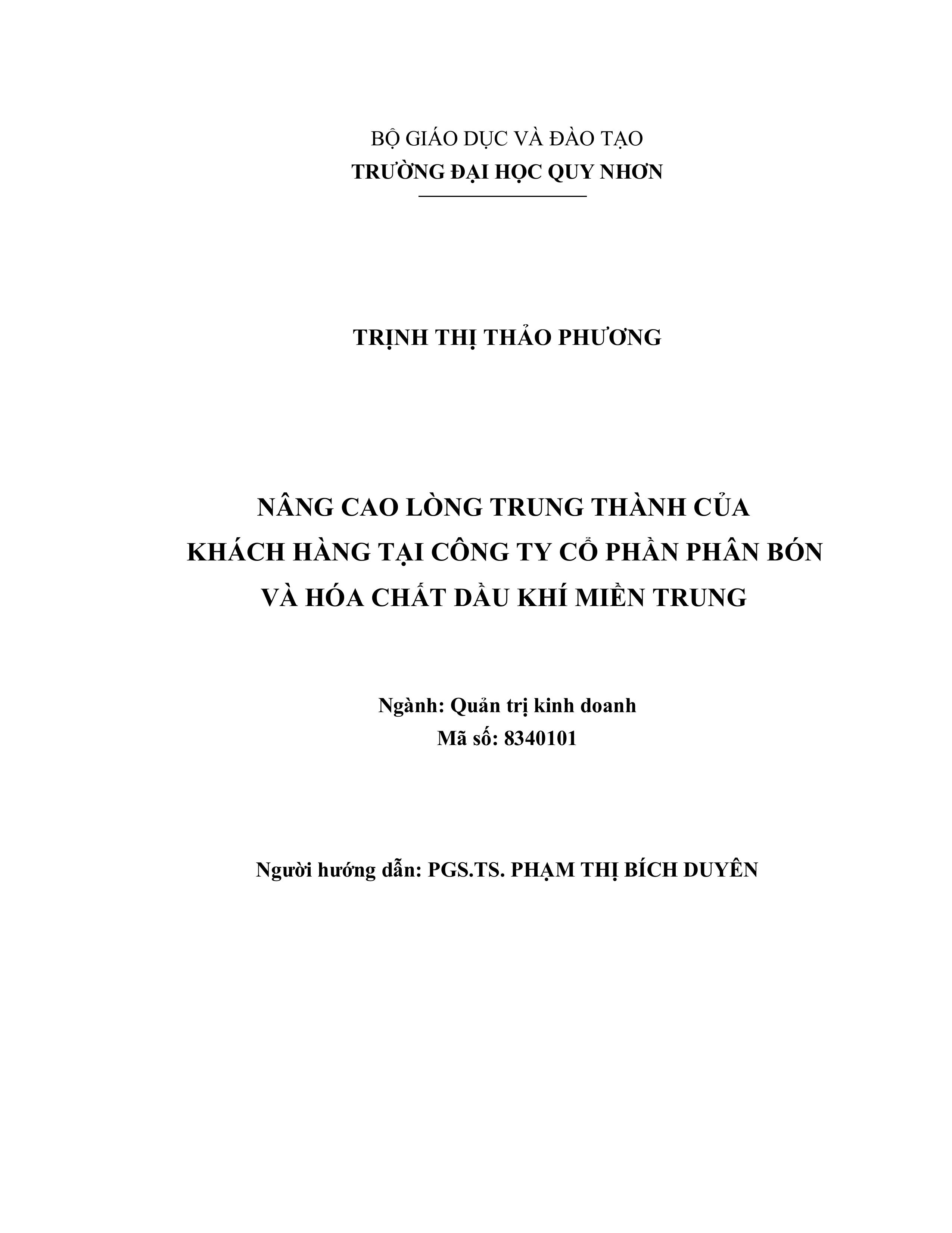 Nâng cao lòng trung thành của khách hàng tại Công ty Cổ phần Phân bón và Hóa chất Dầu khí miền Trung